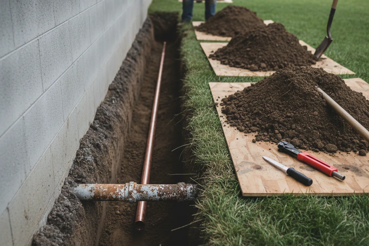 Excavated water line trench during Water Heater Repair in Hesperia